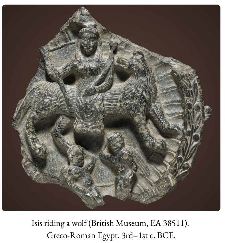 Greco-Roman relief of the goddess Isis riding a wolf, steatite votive patera, c. 3rd–1st century BCE. British Museum, inv. EA 38511.